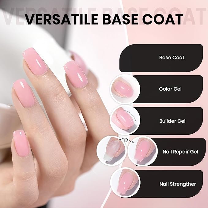 RARJSM Nude Sheer Pink Fiber Glass Rubber Base Gel Nail Polish for Repair Broken Nails StrengthenerGel Base Coat Transparent Brush on Building Gel in a Bottle Soak Off UV LED Curing Requires 15ml