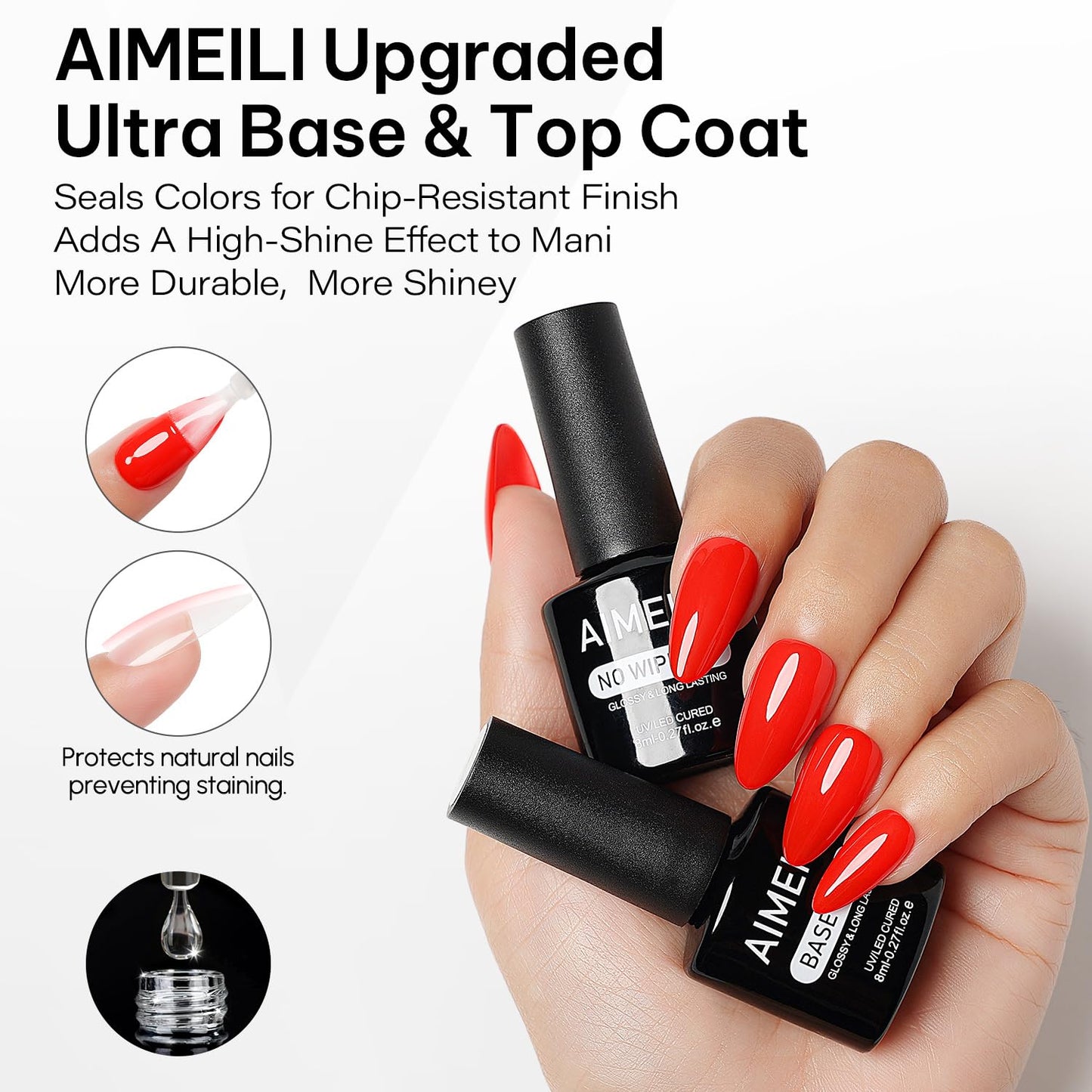 AIMEILI Gel Nail Polish 4pcs, Hema Free, Cruelty Free, Vegan, U V LED Nail Art - Base Coat, No Wipe Top Coat, Nail Dehydrator and Primer