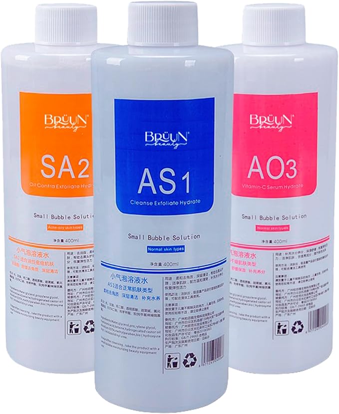 BRÜUN Hydrogen Oxygen Facial Machine Serums for Facial Cleansing – A Pack of 400ml 3 Aqua Peeling Solution AS1, SA2, and AO3 –Skin Care Hydra Solution for Vacuum face Cleaning Jet for Home and Spa