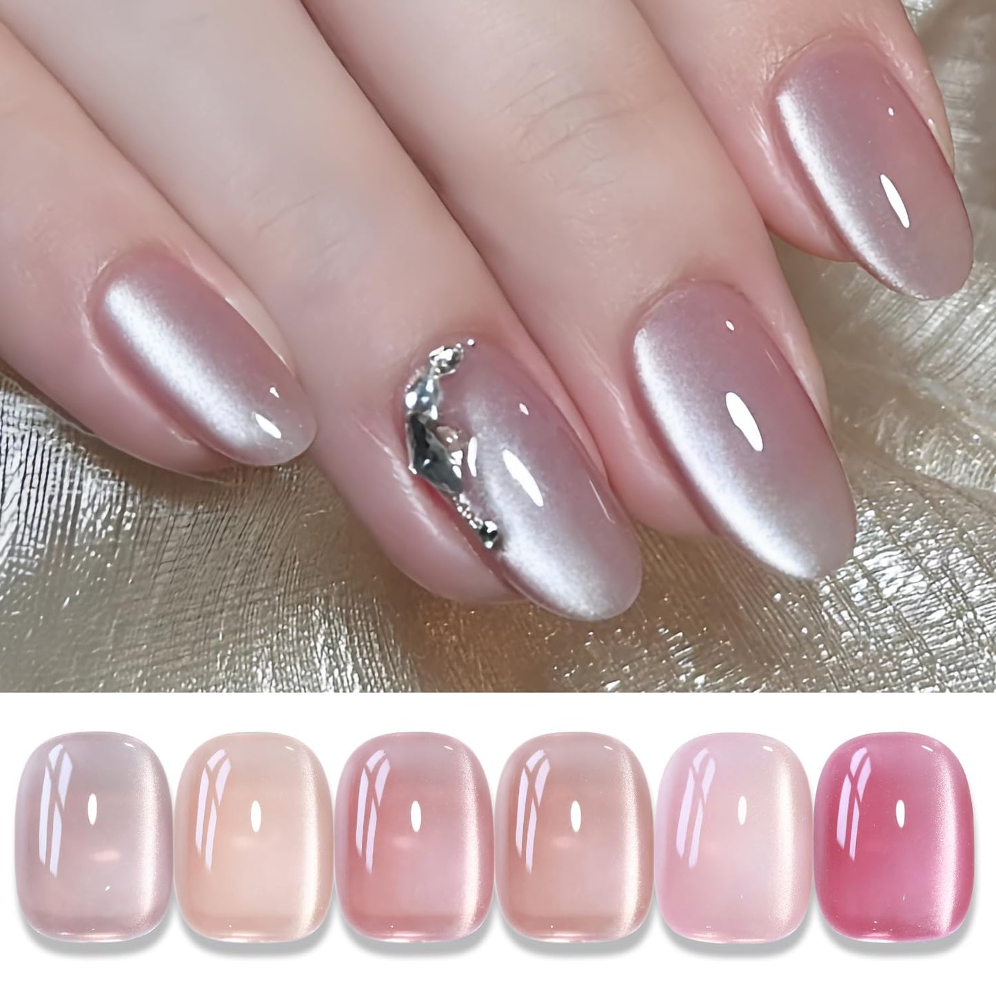 Double Rhythm Cat Eye Gel Polish Set 6 Colors Shimmer Glitter with Magnet Holographic Reflective Magnetic UV Gel Polish Art Kit (Glass Jelly Nude Pink 6-Kit 35)