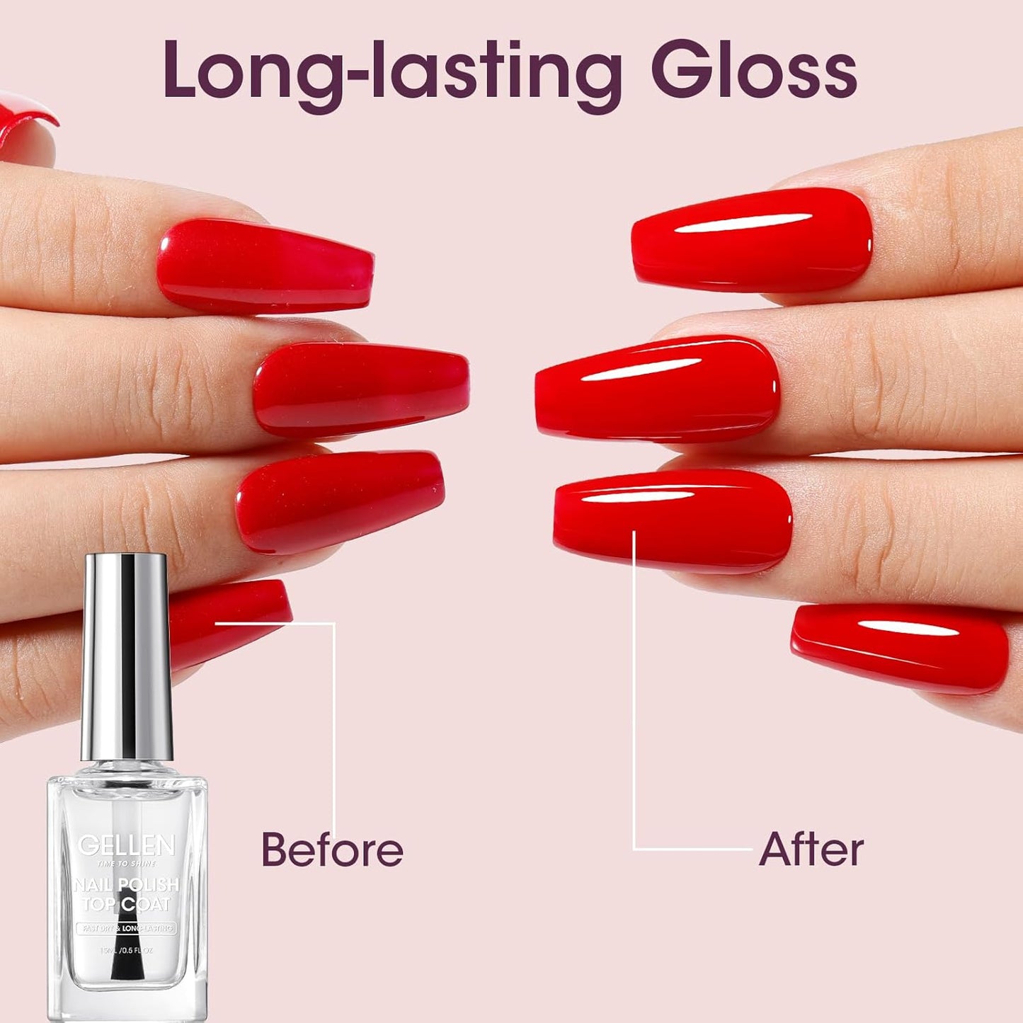 GELLEN Clear Nail Polish Top Coat, Shine Glossy Regular Nail Polish, Calcium Formula Strengthens Nails, Quick Air Dry, No Wipe, Long Lasting, Chip Resistant, Not UV Gel, Hema Free, Non-toxic, 15ml