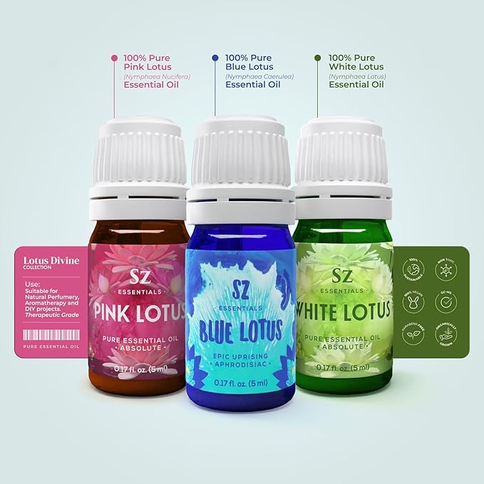 Divine Essential Oils Collection - Blue, Pink, White Lotus - Set of 3 Bottles (0.17 Fl Oz - 5ml Each) - 100% Pure, Natural & Undiluted - Therapeutic Grade & Vegan