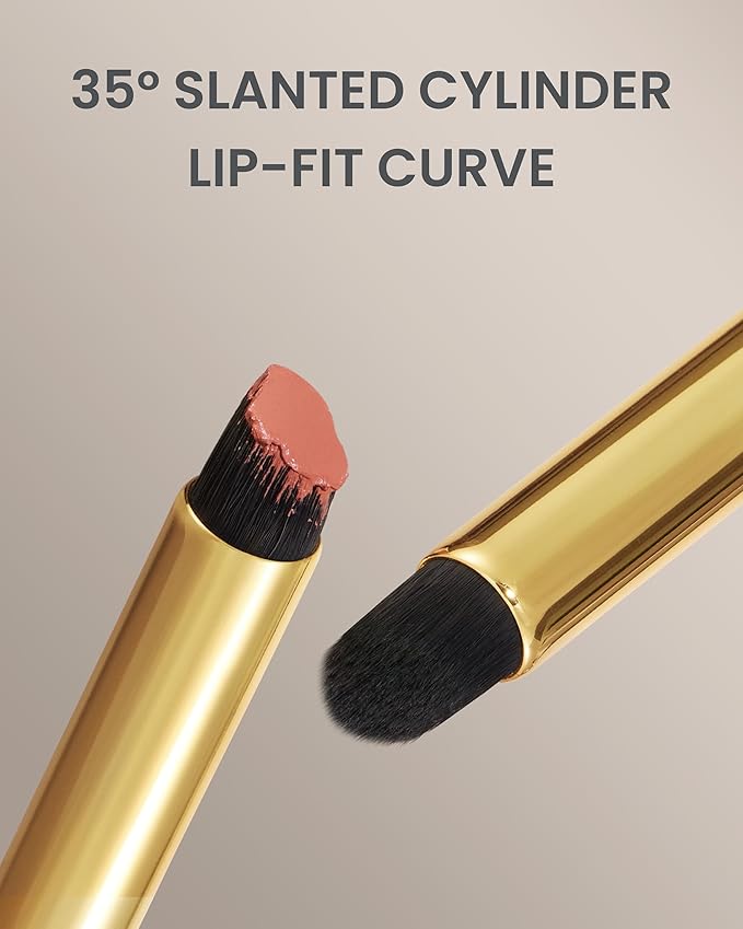 Desert Oak Series VelvetSlant Lip Artist - 45° Slanted Lip Brush for Gradient & Feathered Lips, Ultra-Soft Vegan Nylon, Bubinga Wood Handle (CM 198)