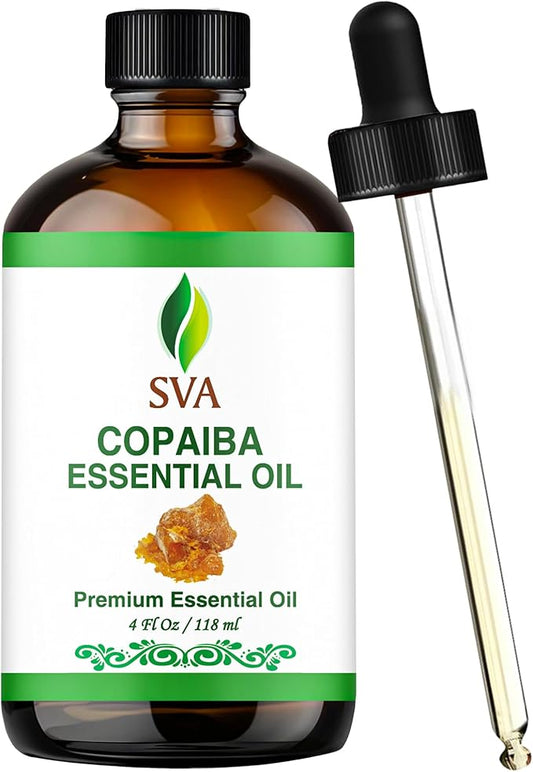 SVA Copaiba Essential Oil – 4 Fl Oz – 100% Natural Copaiba Oil - for Diffuser, Hair Care, Face, Skin Care, Aromatherapy, Scalp and Body Massage, Soap and Candle Making – with Dropper