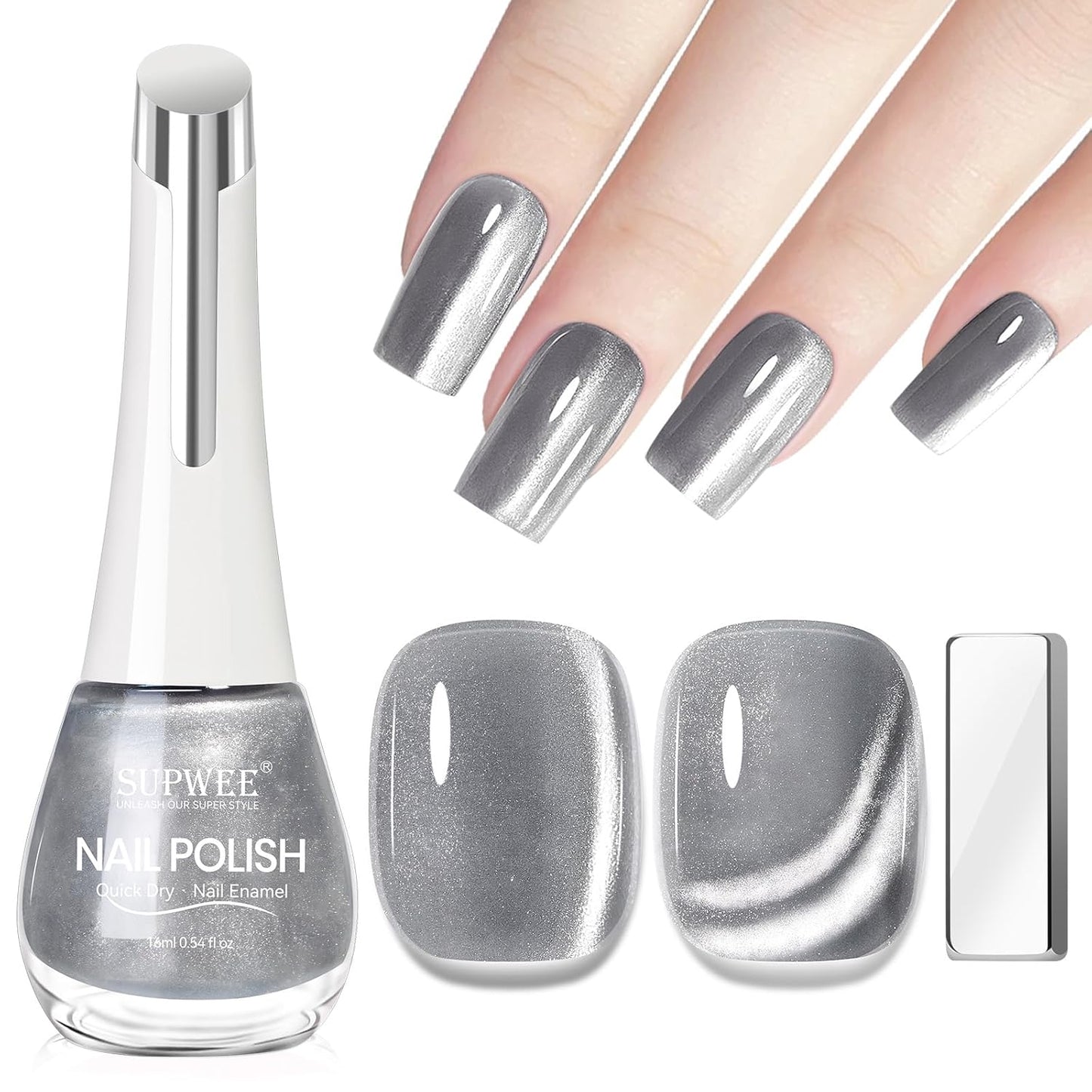 Quick Dry Cat Eye Nail Polish, Silver Magnetic Nail Polish Shimmer Glitter with Magnet High Glossy Fingernail Air Dry Fast Manicure DIY Salon Fall Colors