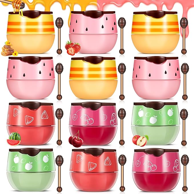 12 Pcs Bee Lip Balm Honey Pot with Brush Propolis Lip Mask Overnight, Moisturizing Hydrating Lip Sleeping Mask Prevention Dry and Cracked(Honey+Strawberry+Watermelon+Apple Lime+Cherry)