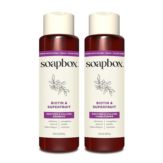 Soapbox Biotin & Superfruit Shampoo & Conditioner Set with Vegan Collagen, Aloe and Shea Butter, Pack of 2 Harsh Sulfate Free, Paraben & Silicone Free, 16 Ounces Each