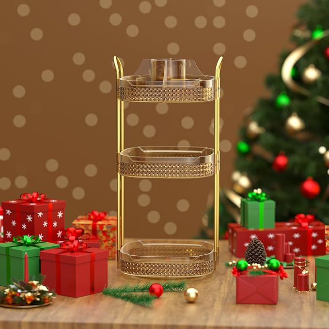 Awenia Rotating Makeup Organizer 360, Stackable Adjustable Large Capacity Cosmetic Storage Unit,Dresser Bathroom Kitchen Countertop Organizer with Metal Handle, Plus Size (Honorable Gold, 3 Tier)