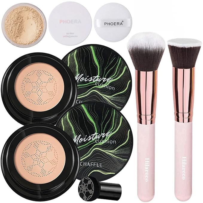 Mushroom Head Air Cushion CC Cream Natural Foundation,Phoera Powder, Bright Makeup Base Long Lasting with Makeup Sponge and Flat Top Kabuki Foundation Brush (#03 Warm Nude)