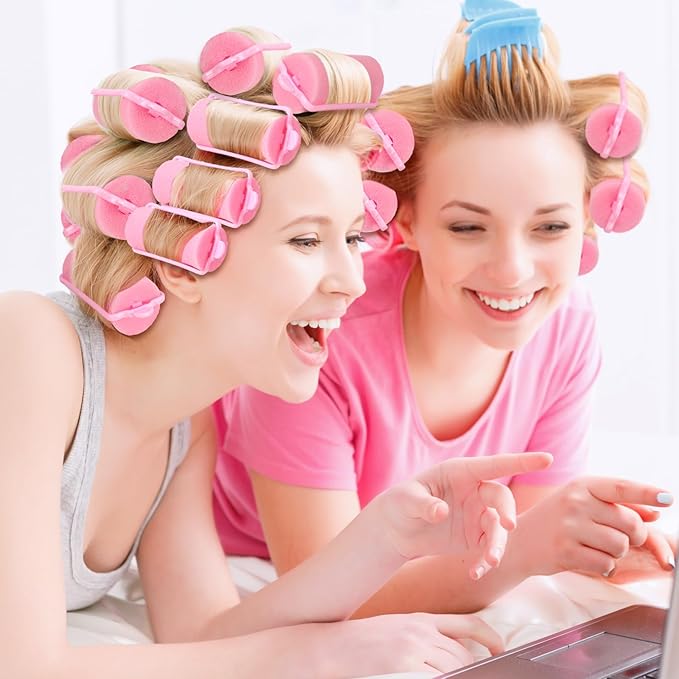 Geyoga 18 Pieces Sponge Hair Rollers Large Soft Foam Hair Styling Curlers Large Size Hairdressing Curlers for Women(1.4 x 2.6 Inches,Pink)