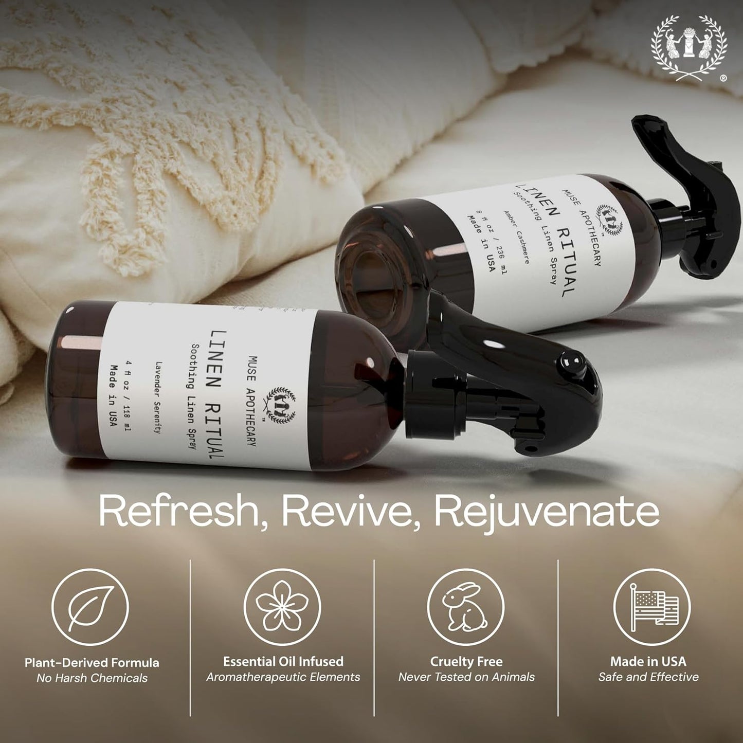 Muse Apothecary Linen Ritual - Aromatic, Soothing, and Relaxing Linen Mist, Laundry and Fabric Spray - Infused with Aromatherapy Essential Oils - 4 oz, Amber Cashmere