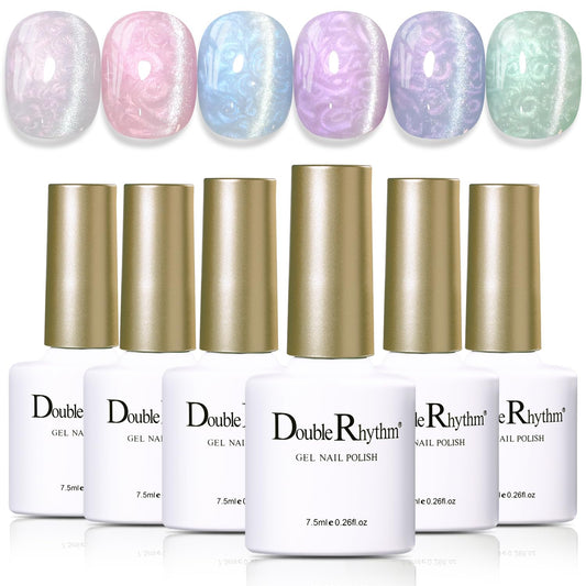 Double Rhythm Cat Eye Gel Polish Set 6 Colors Shimmer Glitter with Magnet Holographic Reflective Magnetic UV Nail Art Kit (Pearl Pink Blue Green Purple 6-Kit 44)