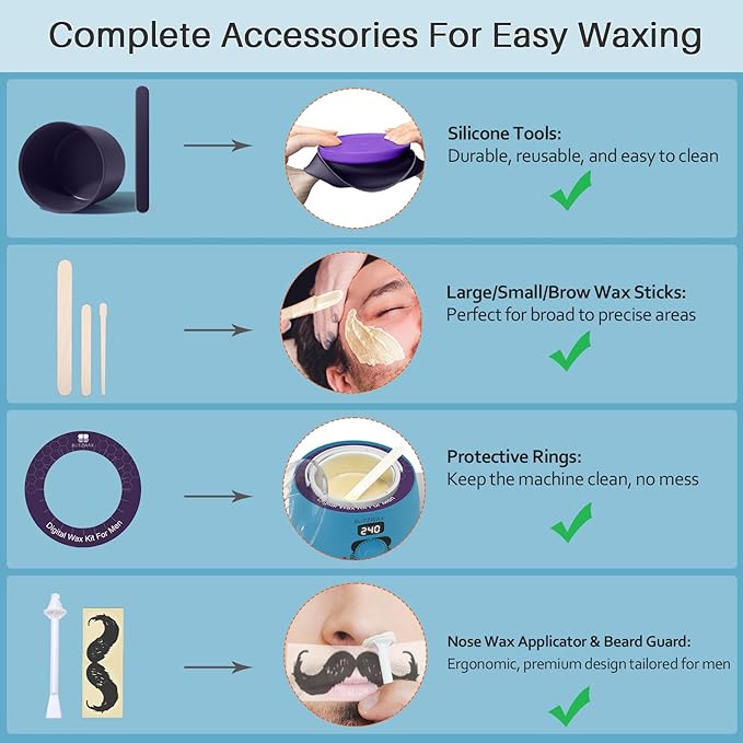 BLITZWAX Back and Nose Waxing Kit for Men, Hard Wax Warmer for Brazilian, Body and Face, At Home Hair Removal Kit, Beginner Friendly, Quick Heating, 93 Accessories, Royal Blue