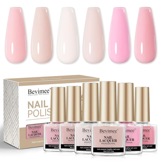 Nude Nail Polish Set: Quick Dry Nail Lacquer Non Ge Regular Sheer Colors White Nude Light Pink Natural Fingerpolish Fast Drying DIY Salon Gift For Women, 6 Colors 8lm/0.27fl.oz