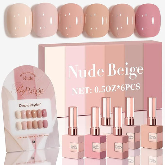 Double Rhythm 6 Pcs 15 ML Gel Polish Set Same Color Same Bottle Soak Off Gel Polish Kit Nail Art Manicure Salon DIY at Home for Women (Light Beige Nude Pink Neutral Rose-T6-4)