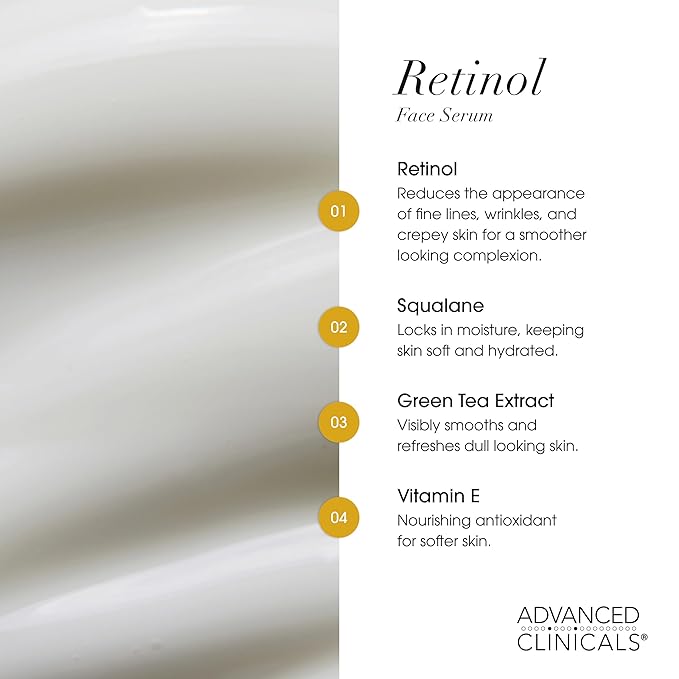 Advanced Clinicals Retinol Serum For Face | Visible Anti Aging Retinol Serum Skin Care Face Moisturizer With Vitamin E Helps Improve Look Of Wrinkles, Fine Lines, & Uneven Skin Tone, 1.75 Fl Oz