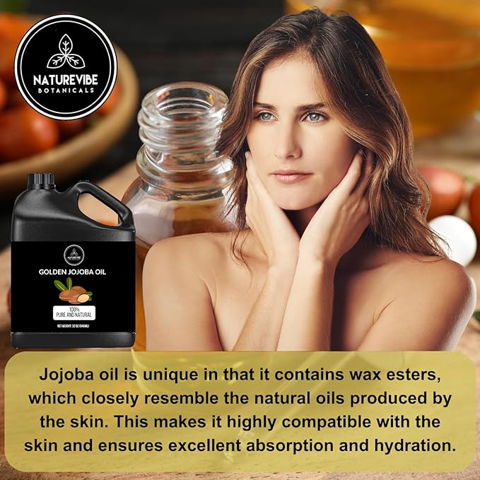 Naturevibe Botanicals Golden Jojoba Oil 32 oz β 100% Pure, Cold-Pressed Moisturizer for Skin & Hair | Antioxidant-Rich, Non-Greasy, Carrier Oil & Daily Hydration