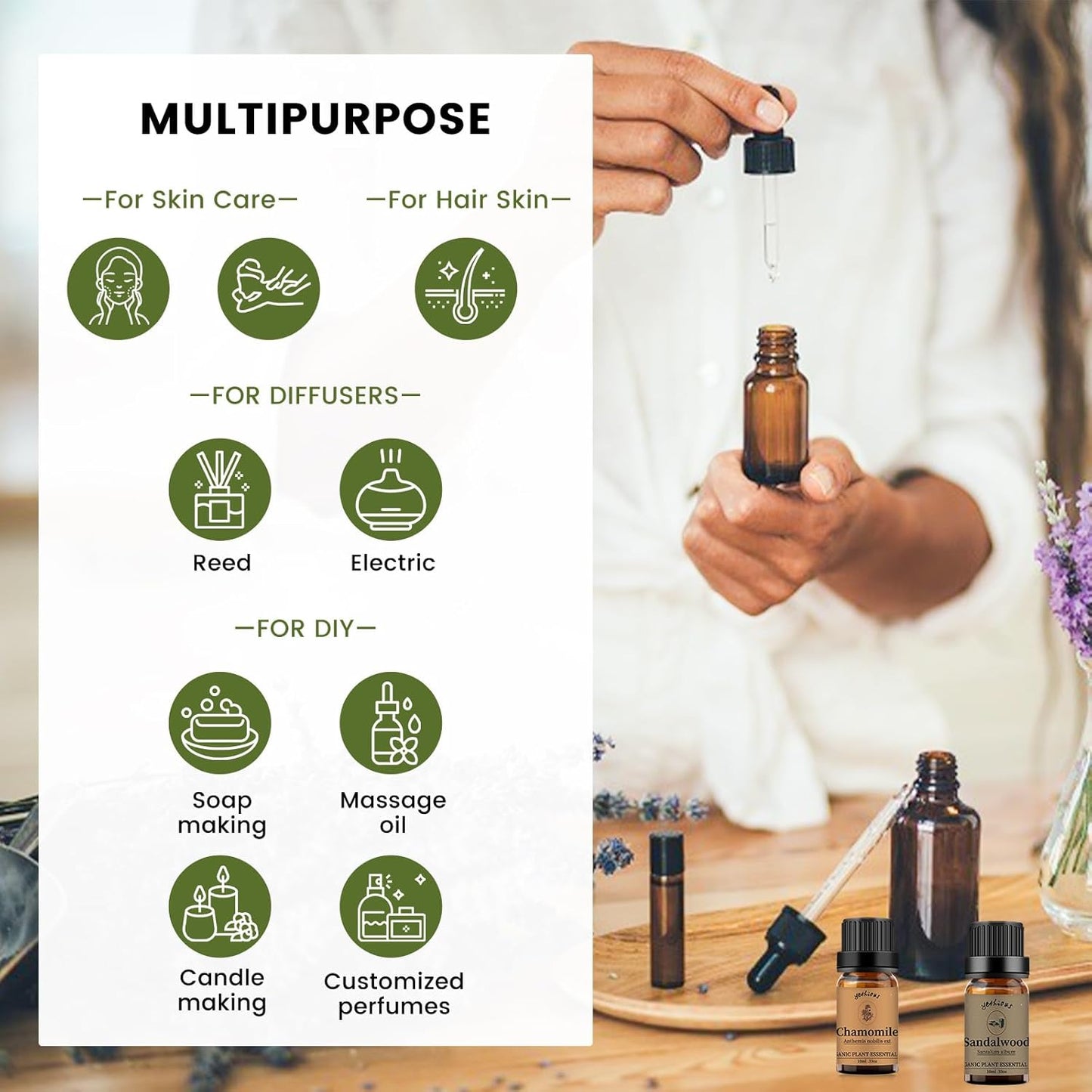 yethious Chamomile Sandalwood Essential Oil 100% Pure Organic Chamomile Essential Oil Set for Diffuser Aromatherapy Candle - 2 Pack 10ML