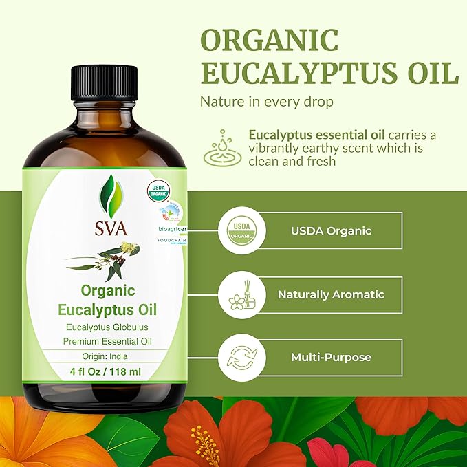 SVA Eucalyptus Essential Oil Organic – 4 Fl Oz – 100% Natural Organic Eucalyptus Oil - for Diffuser, Hair, Face, Skin Care, Aromatherapy, Scalp and Body Massage, Soap and Candle Making - with Dropper