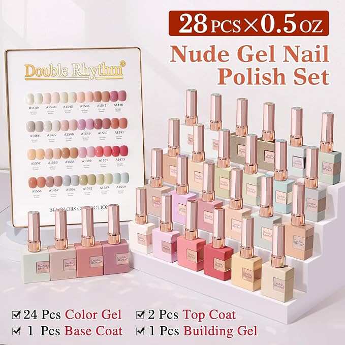 Double Rhythm 28Pcs 0.5Oz Gel Nail Polish Set Same Color Same Bottle Soak Off Gel Polish Kit Nail Art Manicure Salon DIY at Home for Women (Nude Pink Collection-T24-3)
