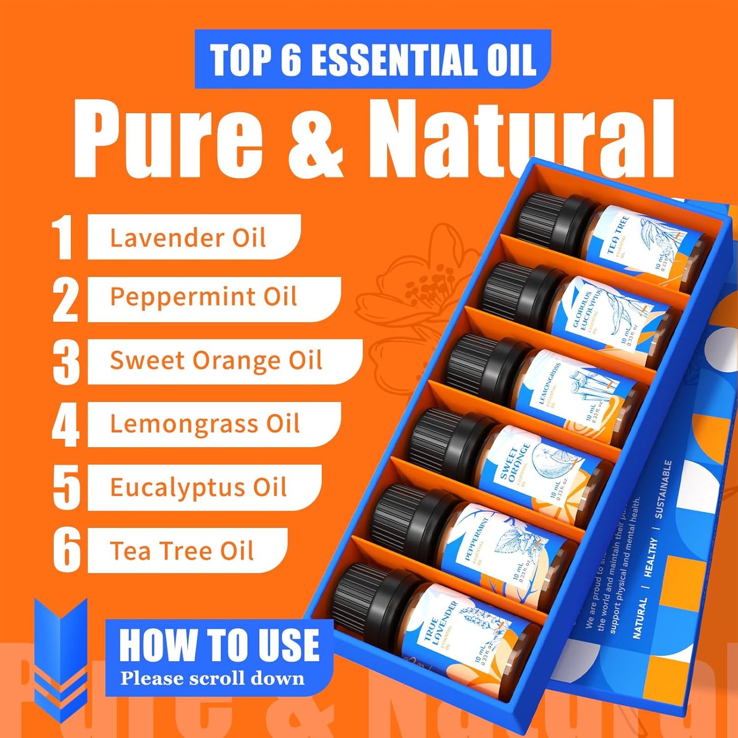 HIQILI Essential Oils for Diffusers for Home,Top 6 Gift Essential Oil Set,Include Lavender, Orange, Peppermint, Tea Tree, Eucalyptus, Lemongrass,Beginner Kit(10ML*6)