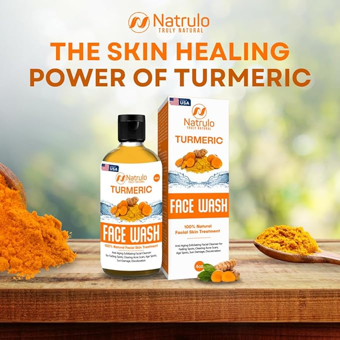 Natrulo Turmeric Face Wash, 4oz Clear Skin Liquid Soap – 100% Natural Anti Aging Exfoliating Turmeric Facial Cleanser for Fading Spots, Clearing Acne Scars, Age Spots, Sun Damage, Discoloration