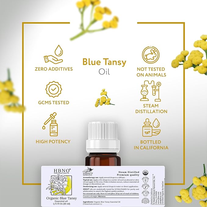 HBNO USDA Certified Organic Blue Tansy Essential Oil - 1/3 OZ (10 ml) Travel Size - Perfect for Aromatherapy, DIY, Candle Making, Soap Making, Diffusers - Blue Tansy Essential Oils