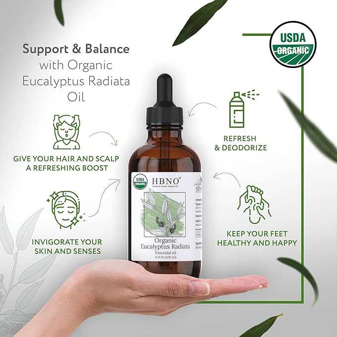 HBNO Organic Eucalyptus Radiata Essential Oil - 4 oz (120ml) - USDA Certified Organic Eucalyptus Radiata Essential Oil, Soap Making, DIY, Fragrances, Diffuser