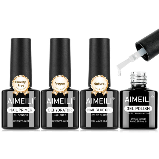 AIMEILI Nail Dehydrator Primer Nail Glue Blooming for Gel Nail Polish 4pcs, Cruelty Free, Vegan, U V LED Nail Art