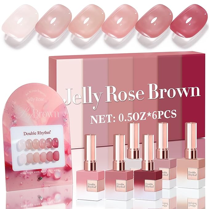 Double Rhythm 6 Pcs 15 ML Gel Polish Set Same Color Same Bottle Soak Off Gel Polish Kit Nail Art Manicure Salon DIY at Home for Women (Jelly Translucent Rose Pink Burgundy Red-T6-2)