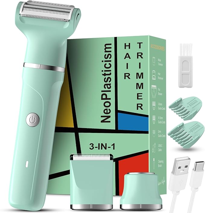 Bikini Trimmer for Women - 3 in 1 IPX7 Waterproof Electric Razors for Women,Body Pubic Hair Electric Shaver for Womens & Facial Hair Remover,Rechargeable Wet/Dry for Body,Underarm,Leg(Mint Green)