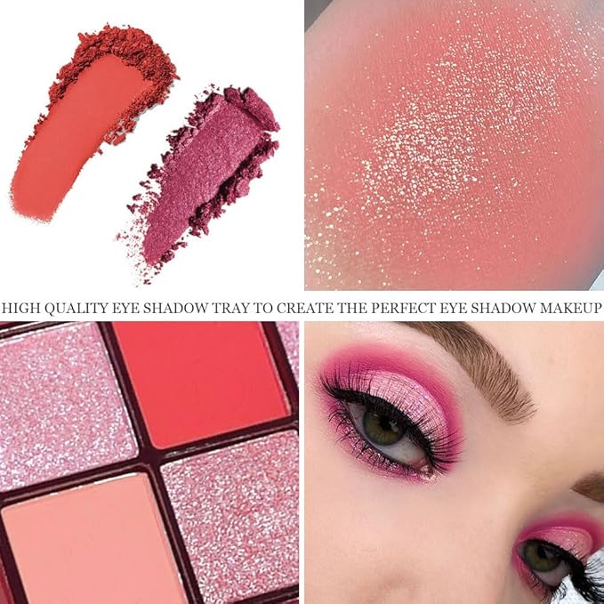 16 Girds Colorful Matte Shimmer Eyeshadow Palette for Eye Makeup,High Pigmented Eye Shadow Primers Powder Palet de sombras de ojos-Pink Red#