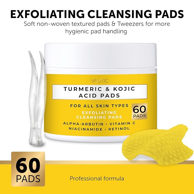 VALITIC Turmeric Kojic Acid Cleansing Pads - Exfoliating Dark Spot Remover for Face with Vitamin C, Alpha Arbutin, Niacinamide and Retinol - Kojic Acid And Turmeric Cleansing Pads - 60 Units