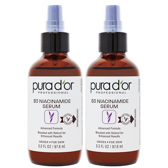 PURA D'OR B3 Niacinamide Advanced Facial Serum (3.3oz x2 = 6.6oz) Skin Care Formula with Retinol For Wrinkles, Hydration & Complexion - All Skin Types, Hypoallergenic - Women & Men