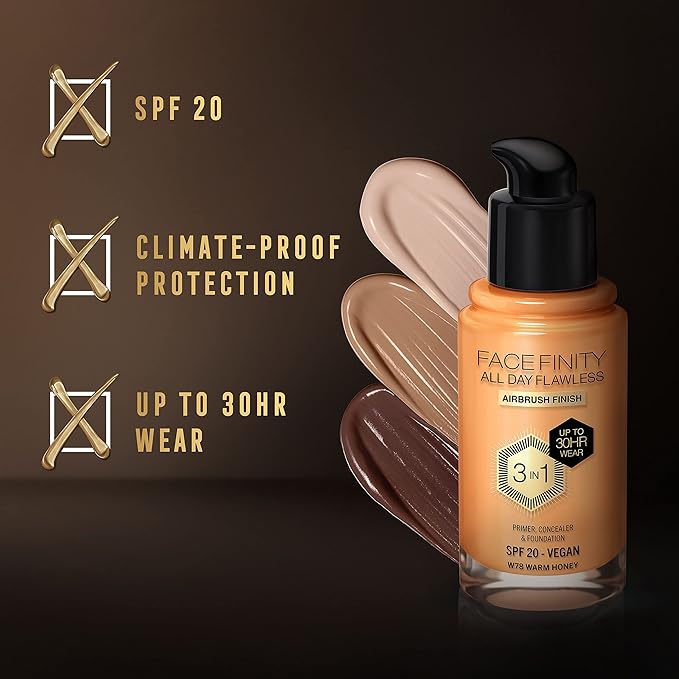 Max Factor Facefinity 3-in-1 All Day Flawless Liquid Foundation, SPF 20-78 Warm Honey, 30 ml
