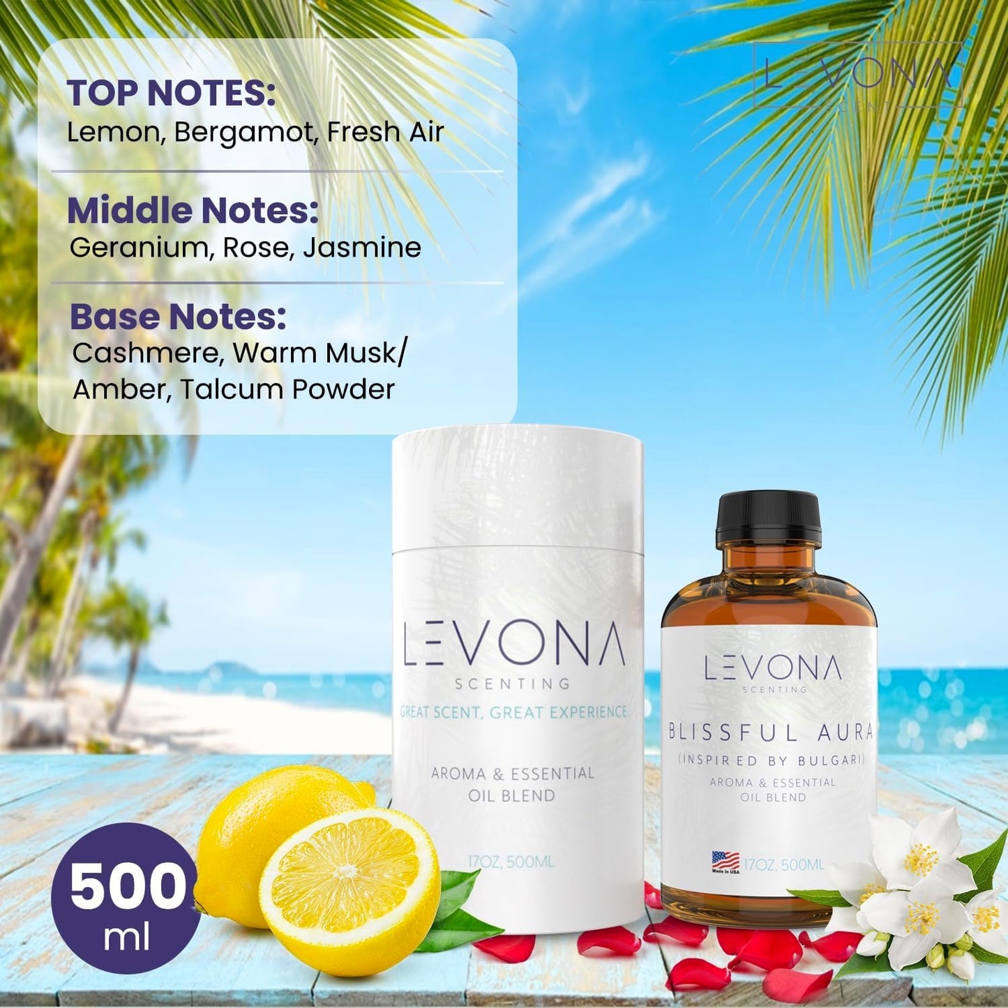 Levona Scent Essential Oil - Fresh Aroma for Home, Office, Hotel & Spa, Perfect in Humidifiers and Diffusers, Luxury Fragrance, With Roses, Geranium, Zesty Lemon Notes - 500ml/ 17 fl oz, Blissful Aura