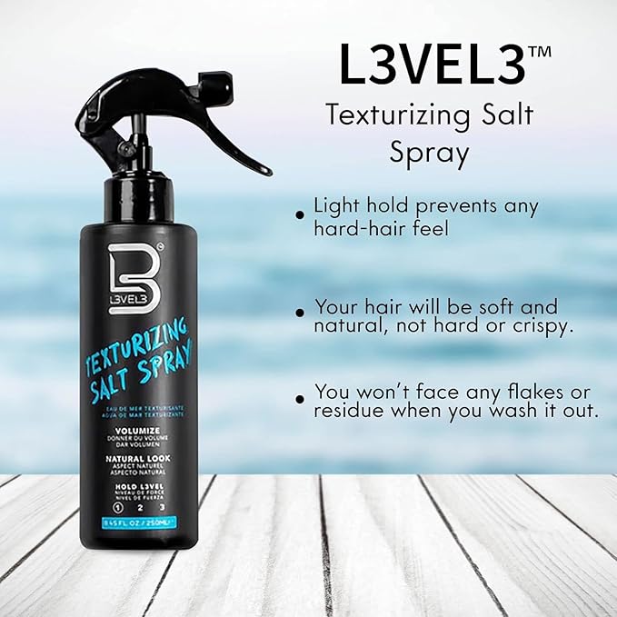 L3 Level 3 Sea Salt Texturizing Spray - Creates Beachy Waves and Texture - Casual Hair Finish (8.45 Fl Oz)