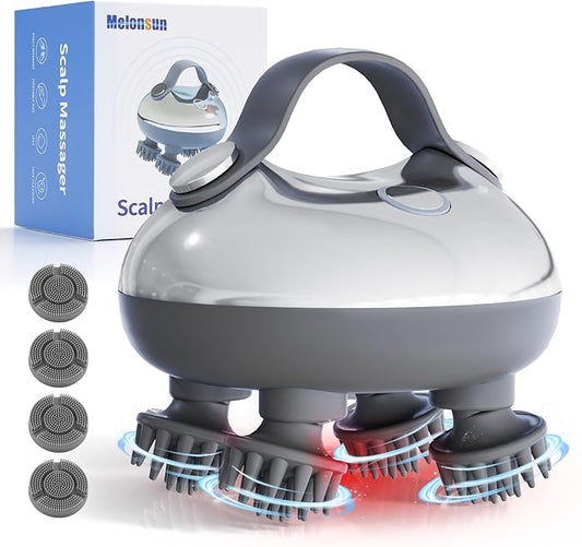 Portable Electric Scalp Massager - Rechargeable IPX7 Waterproof Heated Scalp Massager w/ 100 Kneading Nodes, 3 Speed Modes, 2 Massage Styles, 8 Claws for Scalp/Body Massage & Face Cleaning (Silver)