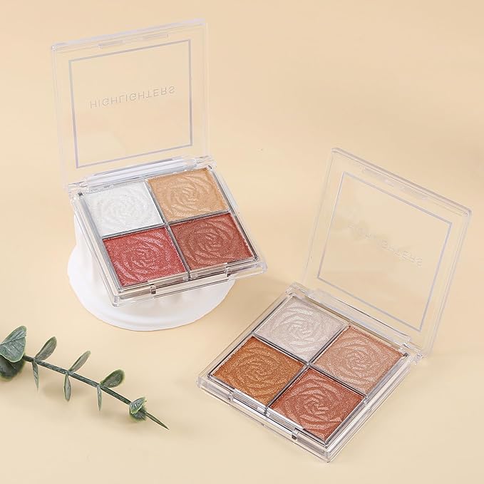 Boobeen Blush and Highlighter Palette- 4-color Metallic Shimmer Shadow Powder, Illuminator Makeup Set for Shading, Highlighting & Defining the Face