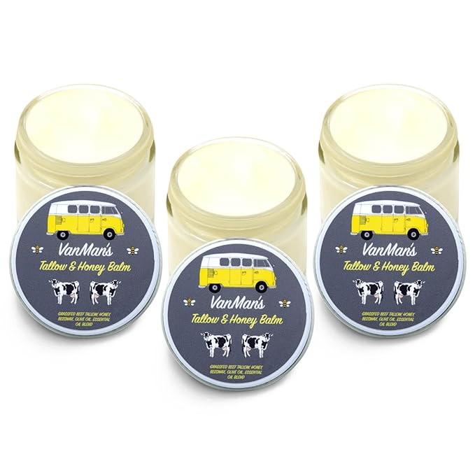 Vanman's Tallow and Honey Balm (3 Pack) - Tallow Face Moisturizer with Pure Grass-Fed/Finished Beef Tallow for Skin and Essential Oils, Organic Raw Honey and Beeswax, Cold Pressed Olive Oil - 2.5 oz