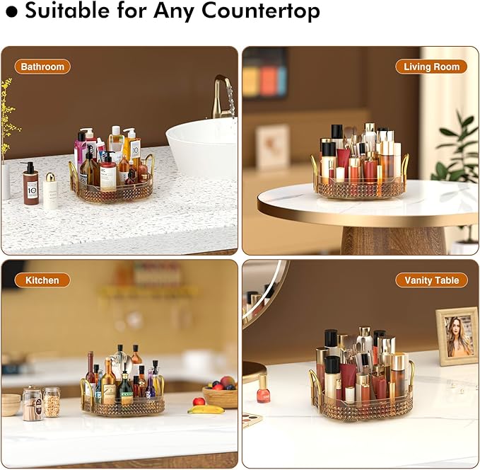 Awenia Rotating Makeup Organizer 360, Stackable Adjustable Large Capacity Cosmetic Storage Unit,Dresser Bathroom Kitchen Countertop Organizer with Metal Handle, Plus Size (Honorable Gold, 1 Tier)