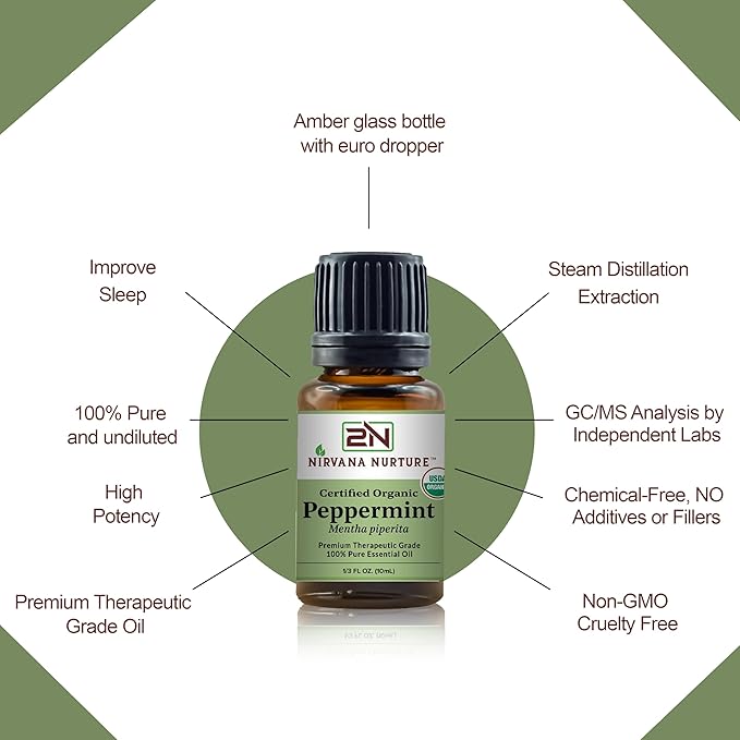 Peppermint Essential Oil USDA Certified Organic 100% Pure Premium Therapeutic Grade, Undiluted - Aromatherapy Diffuser for Calm and Relaxation, Skin Care, Hair Care