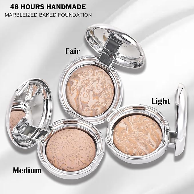 Marbleized Baked Foundation Makeup, Balance and Brighten Color Correcting Powder Foundation - Buildable Light to Medium Coverage - Demi-Matte Natural Finish (#002 LIGHT, 0.32 Oz)