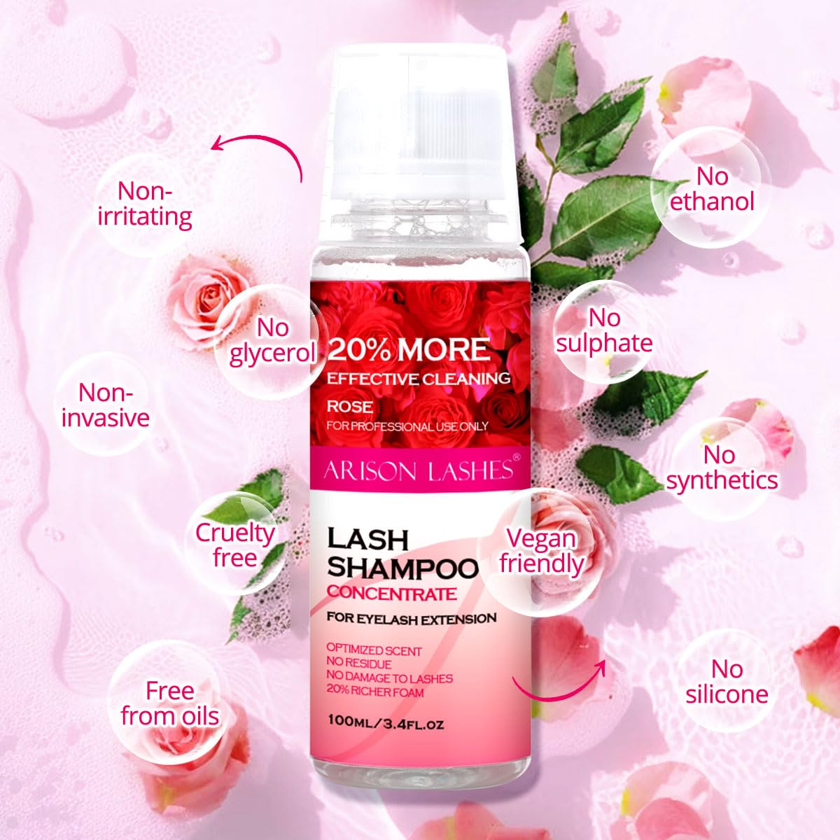 ARISON LASHES Lash Shampoo Concentrate for Lash Extensions 100ML Eyelash Cleanser Concentrate Oil-Free Eyelash Extension Shampoo with Salon Home Care(Rose)