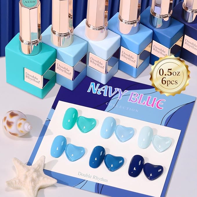 Double Rhythm 6 Pcs 15 ML Gel Polish Set Same Color Same Bottle Soak Off Gel Polish Kit Nail Art Manicure Salon DIY at Home for Women (Light Blue Dark Navy Teal-T6-14)