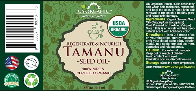 US Organic Tamanu Oil, USDA Certified Organic, 100% Pure Virgin Cold Pressed Unrefined, Dark Green Color, Sourced from Southeast Asia_Improved Cap_4oz (115 ml)