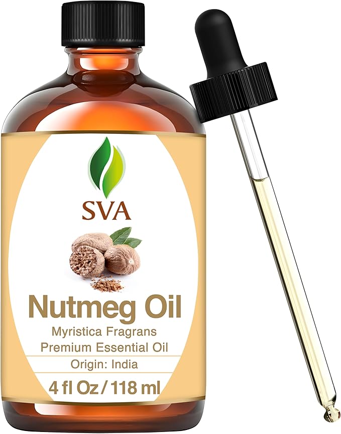 SVA Nutmeg Essential Oil – 4 Fl Oz – 100% Natural Nutmeg Oil - for Diffuser, Hair Care, Face, Skin Care, Aromatherapy, Scalp and Body Massage, Soap and Candle Making – with Dropper