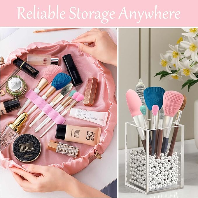 Silicone Travel Make-up Brush Holder with Cleaner Mat Pad, Organizer Case Covers for Foundation Eye Lip Brushes Storage Cleaning, Gift for Women Girl-friend Mother Wife, 5-Pcs Large + 7 Small, Blue