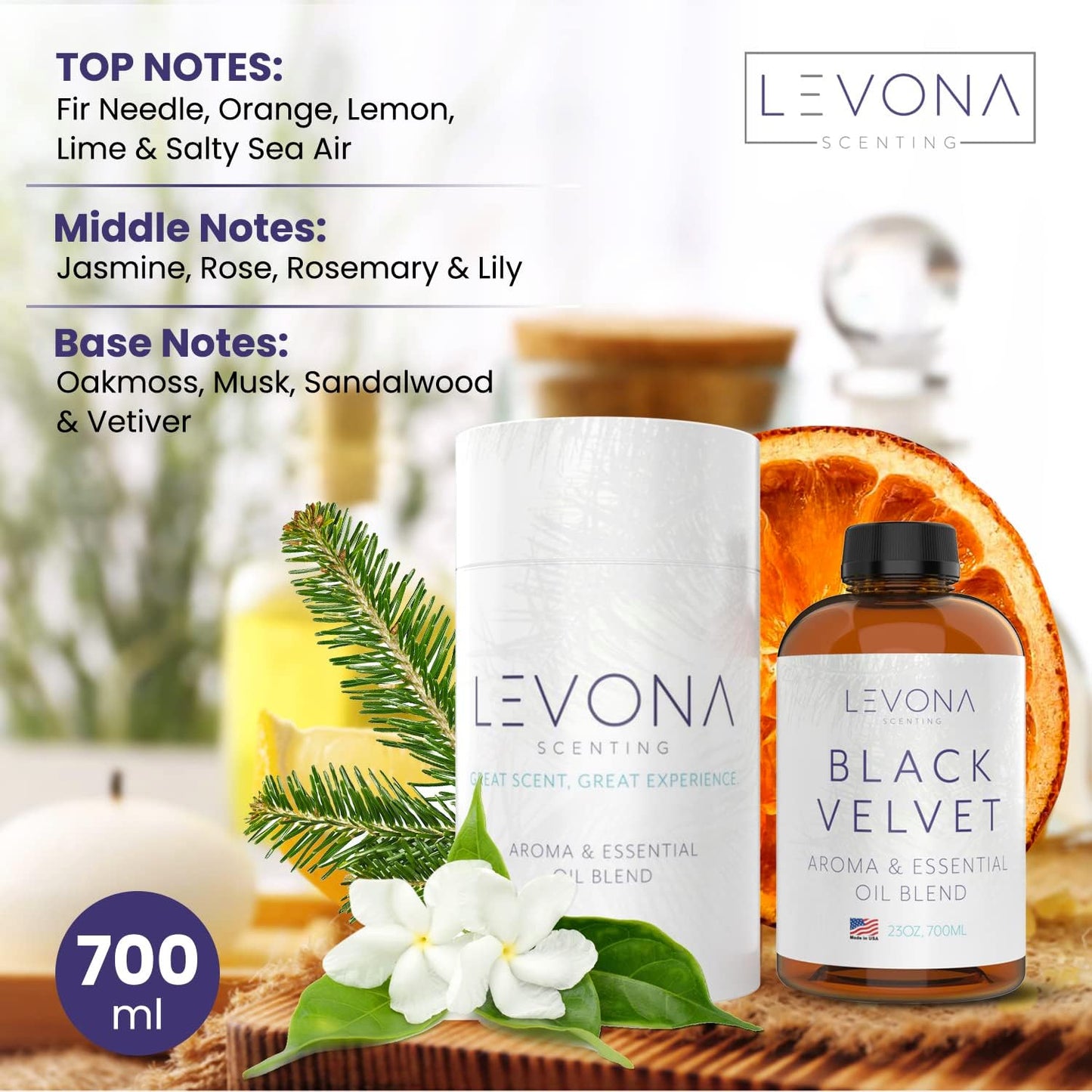 Levona Scents Oil Diffuser Essential Oils: Fragrance Oil for Diffuser - Black Velvette Diffuser Oils Scents - Woody Citrus with Herbal Floral Essential Oil Blends, Oakmoss, White Musk & Sandalwood