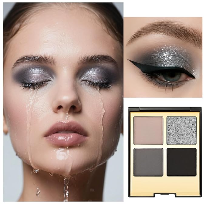 Erinde 4 Colors Eyeshadow Palette Eye Shadow Makeup, Matte Shimmer Metallic Taupe Gray Black Sliver Smokey Eyeshadow, Long Wearing, Velvety Pigmented Blendable, Quad Eye Shadow Palette, 01